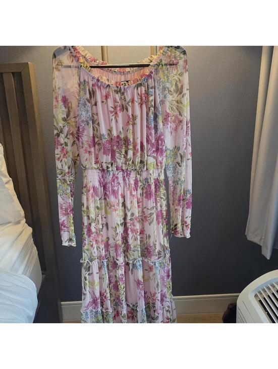 Kate & Lily Dresses & Skirts - Kate & Lily Pink Floral Midi Dress with Sheer Long Sleeves and Elastic Waist, UK